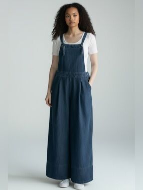 Camellia Denim Wide Leg Overalls Dark Wash Tie Strap Jumpsuit Size M
